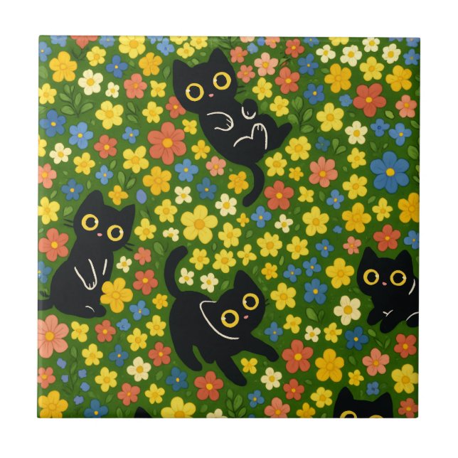 Carreau Motif de pré fleuri avec de jolis chats noirs (Devant)
