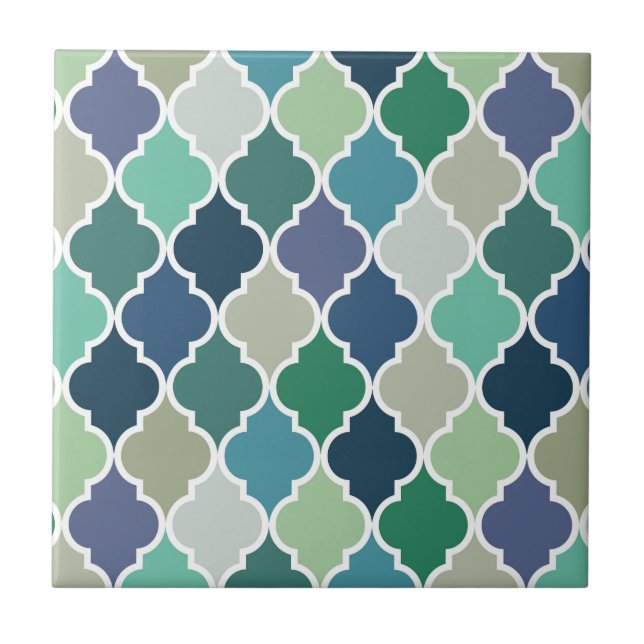 Carreau Motif de quatrefoil bleu, vert et turquoise (Devant)