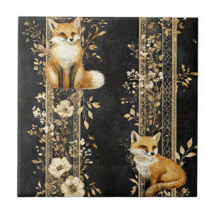 Carreau Motif de renard botanique noir et or de luxe (2)