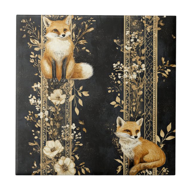 Carreau Motif de renard botanique noir et or de luxe (2) (Devant)