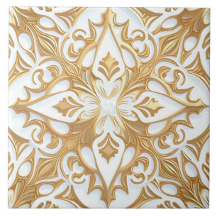Carreau Motif de rinceaux floraux blancs et or