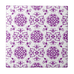 Carreau Motif de style damassé floral blanc et violet