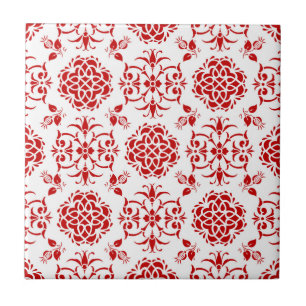 Carreau Motif de style damassé floral rouge et blanc