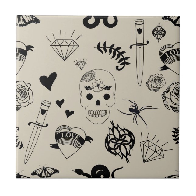 Carreau Motif de tatouage à main noir et beige (Devant)