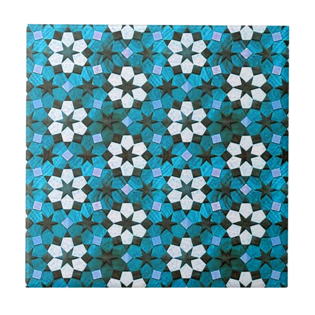 Carreau Motif de turquoise et de fleur blanche (Devant)