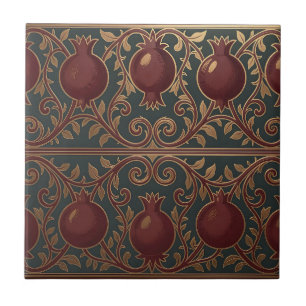 Carreau Motif de vigne de grenade vert foncé orné or