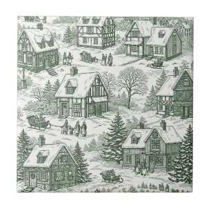 Carreau Motif de village de Noël vintage toile verte (2)