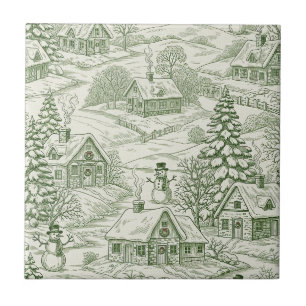 Carreau Motif de village de Noël vintage toile verte (3)