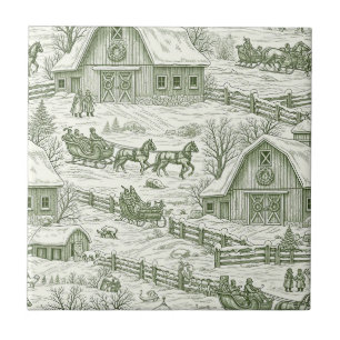 Carreau Motif de village de Noël vintage toile verte (4)