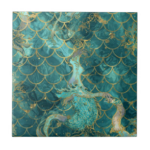 Carreau Motif d'écailles de sirène Aqua Pearlescent & Or 