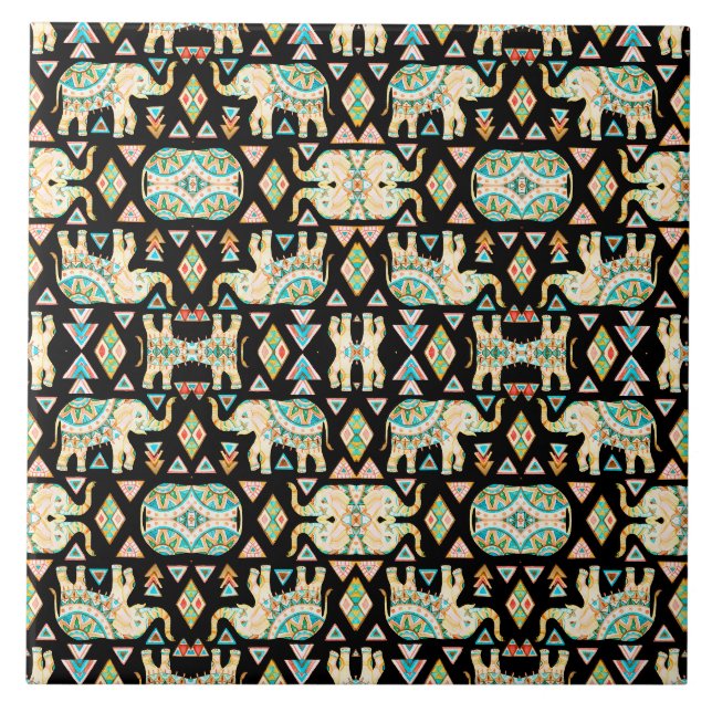 Carreau Motif d'éléphants indiens colorés mignons (Devant)