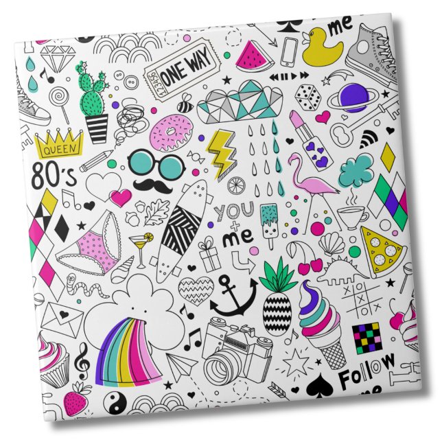 Carreau Motif des années 80 de couleur mignonne (Trendy Cute Colorful Rainbow 80s Cartoon Pattern Ceramic Tile)