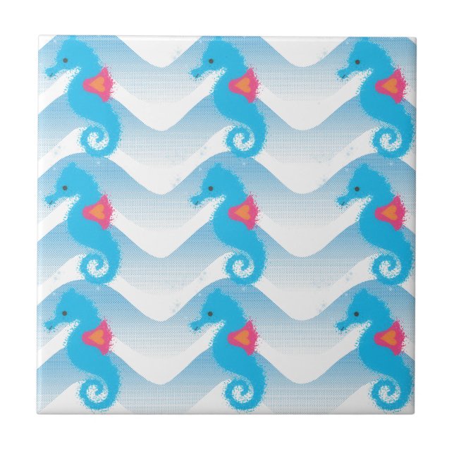 Carreau Motif Des Chevaux De Mer Et Des Vagues Bleues (Devant)