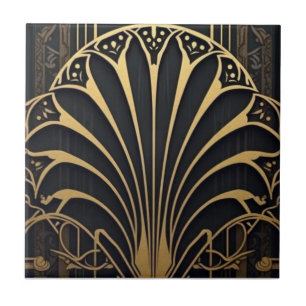 Carreau motif d'éventail Art Déco noir et or