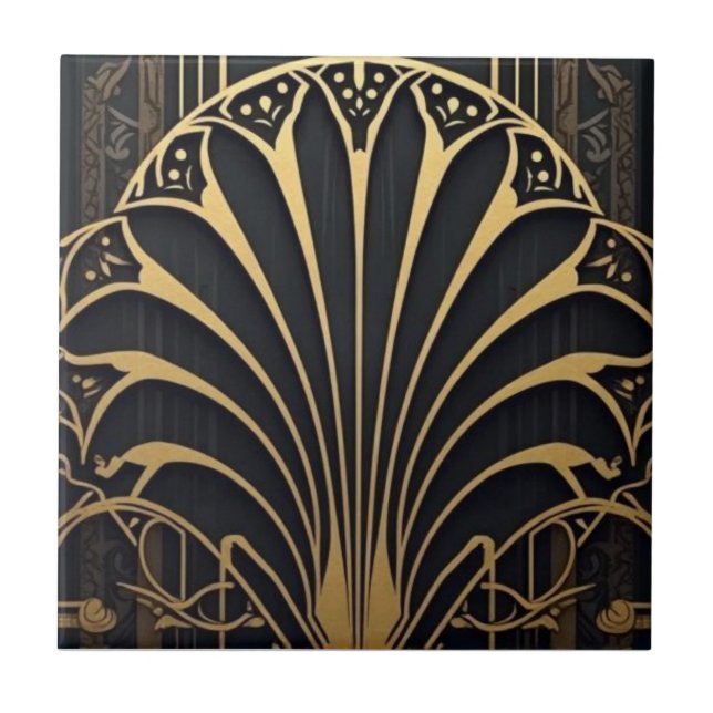Carreau motif d'éventail Art Déco noir et or (Devant)