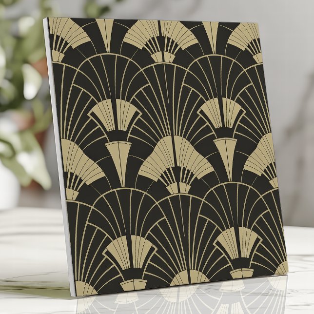 Carreau Motif d'éventail noir et or Art Déco (Créateur téléchargé)