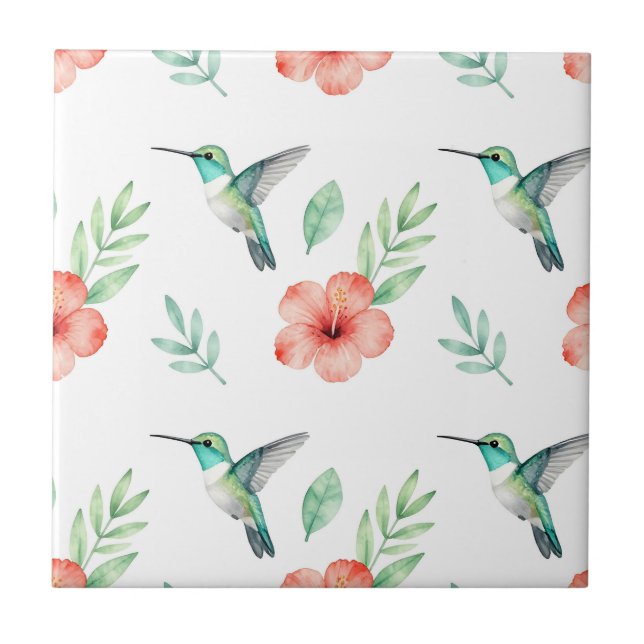 Carreau Motif d'Hibiscus à Colibri Turquoise (Devant)