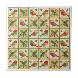 Carreau Motif d'oiseau de Noël en art populaire vintage av