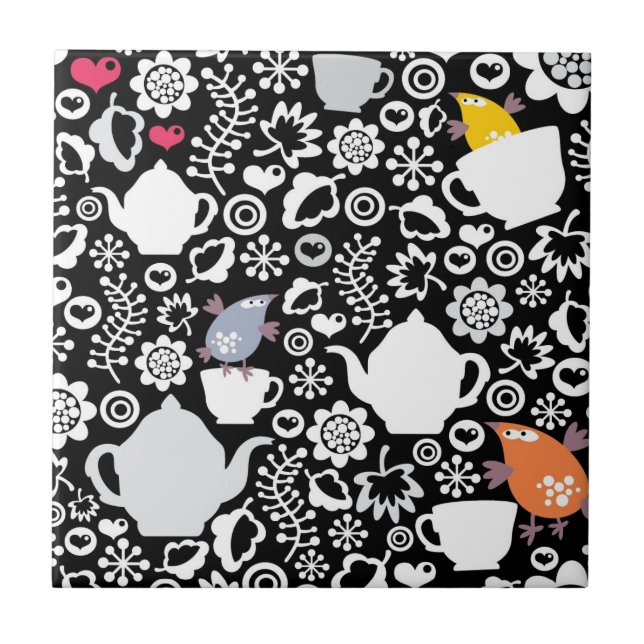 Carreau Motif d'oiseaux et de tasses (Devant)