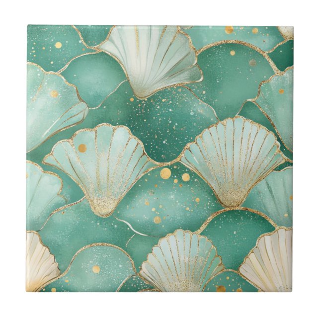 Carreau Motif d'onde Gold Sea Shell dans Aqua Turquoise (Devant)