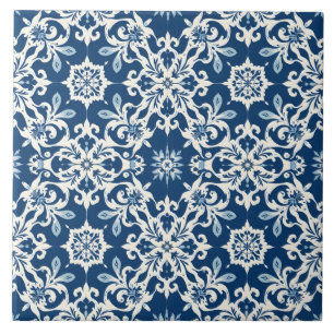 Carreau Motif d'ornement Boho en blanc-bleu vintage