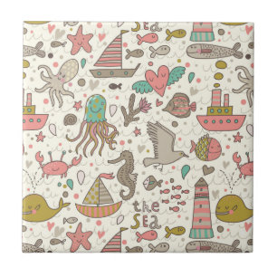 Carreau Motif drôle d'été avec des bateaux