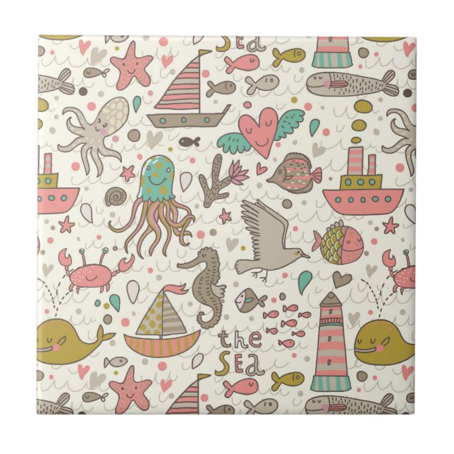 Carreau Motif drôle d'été avec des bateaux (Devant)