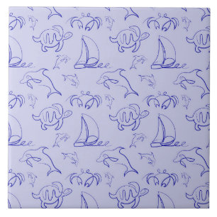 Carreau Motif d'une ligne d'animal marin et voilier