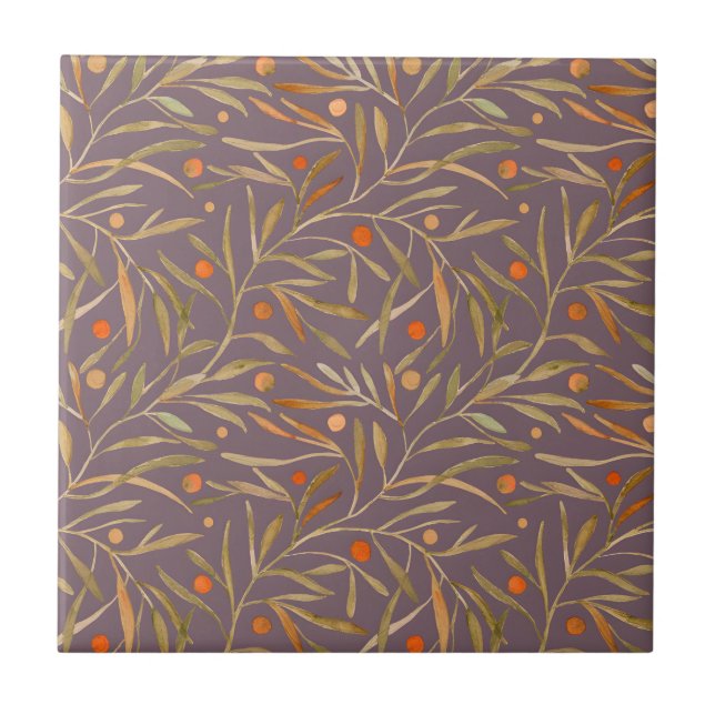 Carreau Motif élégant de feuille à l'aquarelle  Fond viole (Devant)