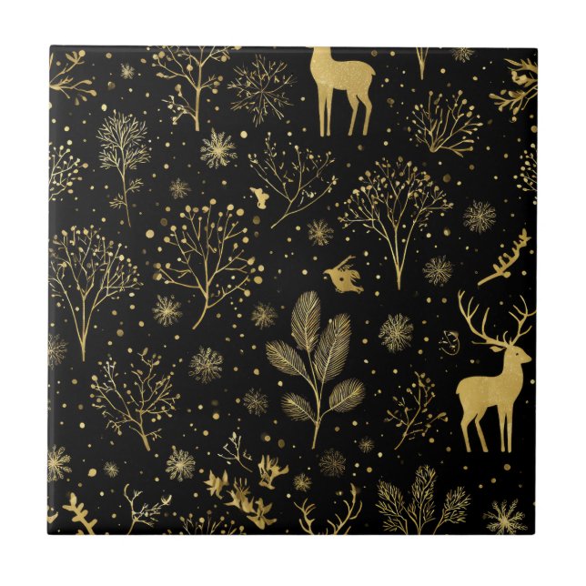 Carreau Motif élégant de forêt hivernale dorée (Devant)