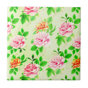 Carreau Motif élégant de roses florales feuilles vertes-23