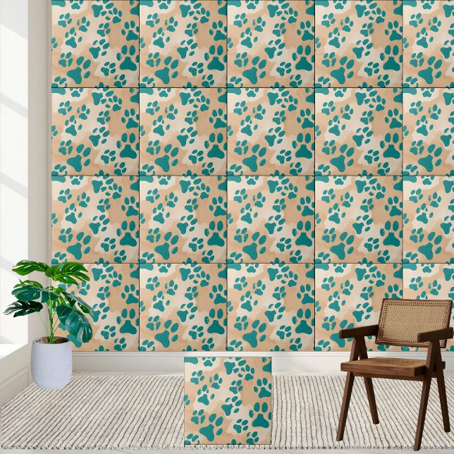 Carreau Motif Empreinte de patte turquoise (Teal Paw Print Pattern Tile)
