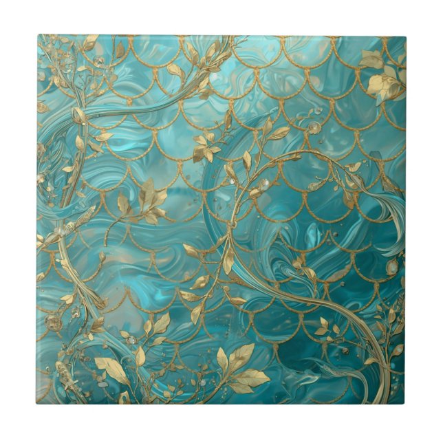 Carreau Motif en écailles de sirène Aqua Pearlescent & Or  (Devant)