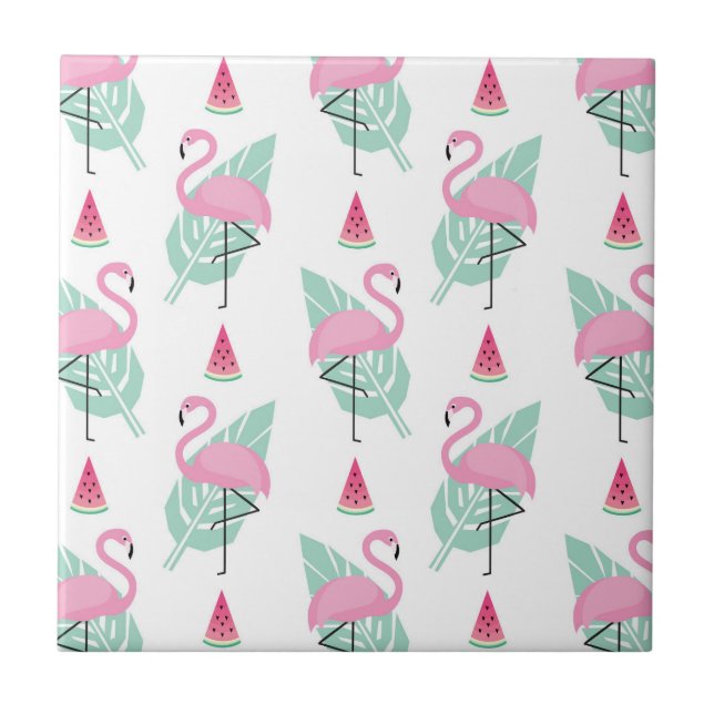 Carreau Motif en pastel de Flamant rose et de pastèque (Devant)