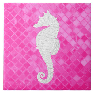 Carreau Motif en verre de mer rose pour hippocampe blanc