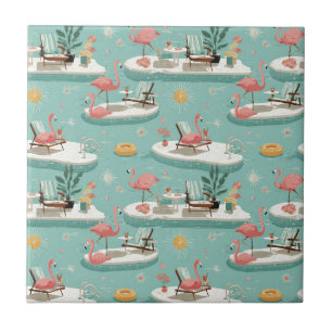 Carreau Motif Estival Rétro Flamingo au Bord de la Piscine