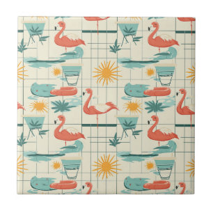 Carreau Motif Estival Rétro Flamingo au Bord de la Piscine