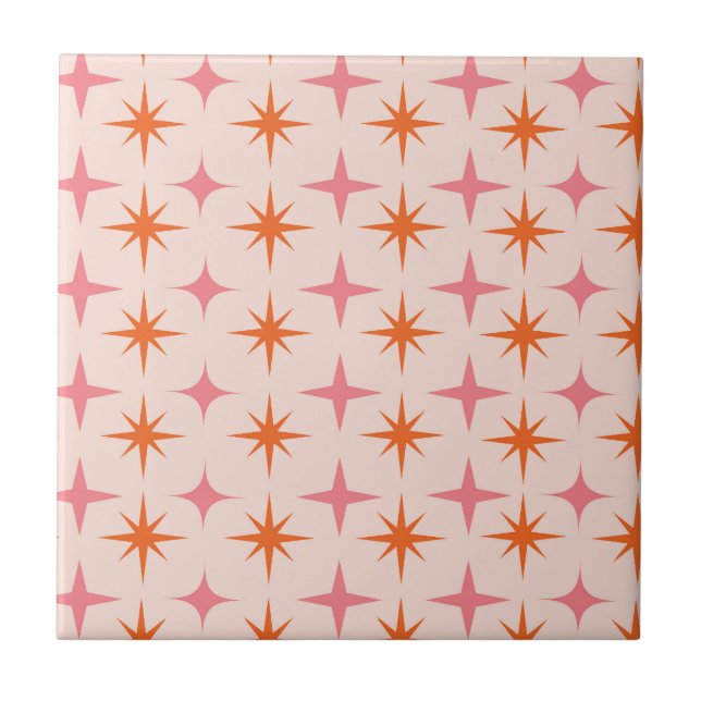 Carreau Motif étoilé Rétro Milieu de Siècle Rose Orange  (Devant)