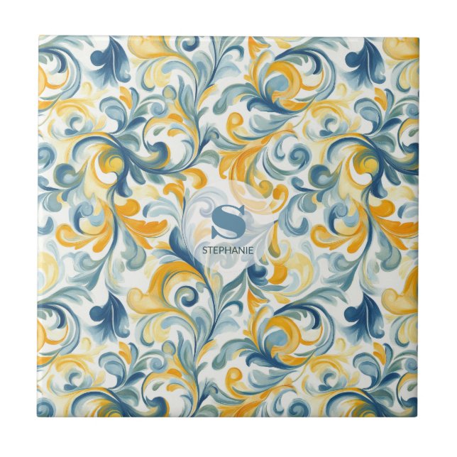 Carreau Motif feuille bleu et or Paisley (Devant)