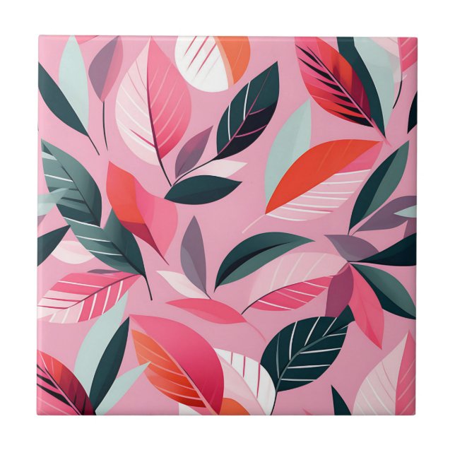 Carreau Motif feuille moderne du milieu du siècle en rose  (Devant)