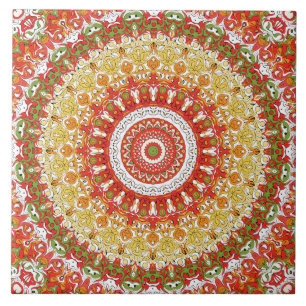 Carreau Motif Fiesta Mandala en rouge, jaune et vert