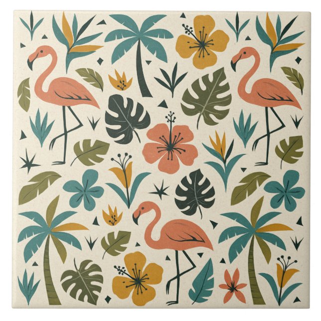 Carreau Motif Flamant Tropical et Palmier (Devant)