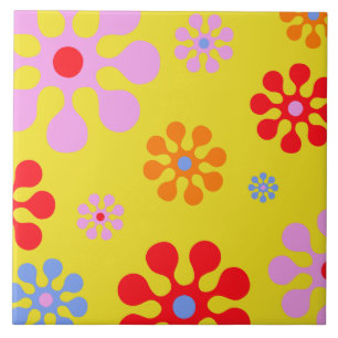 Carreau Motif Fleur Funky Retro Trivet Jaune