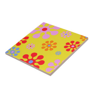 Carreau Motif Fleur Funky Retro Trivet Jaune