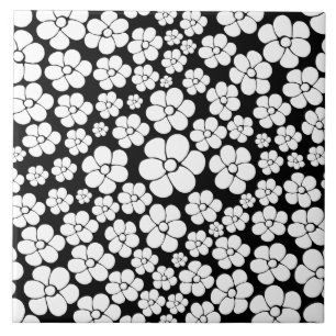 Carreau Motif Fleur rétro en blanc sur noir
