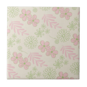 Carreau Motif Fleur Rétro Vert Rose Beige Années 70 Y2K