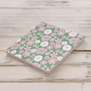 Carreau Motif Fleur Rétro Vert Rose Blanc Années 70 Y2K