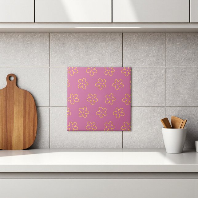 Carreau Motif Fleur simple et jaune rétro (Retro Purple Yellow Floral Simple Flower Pattern Ceramic Tile)