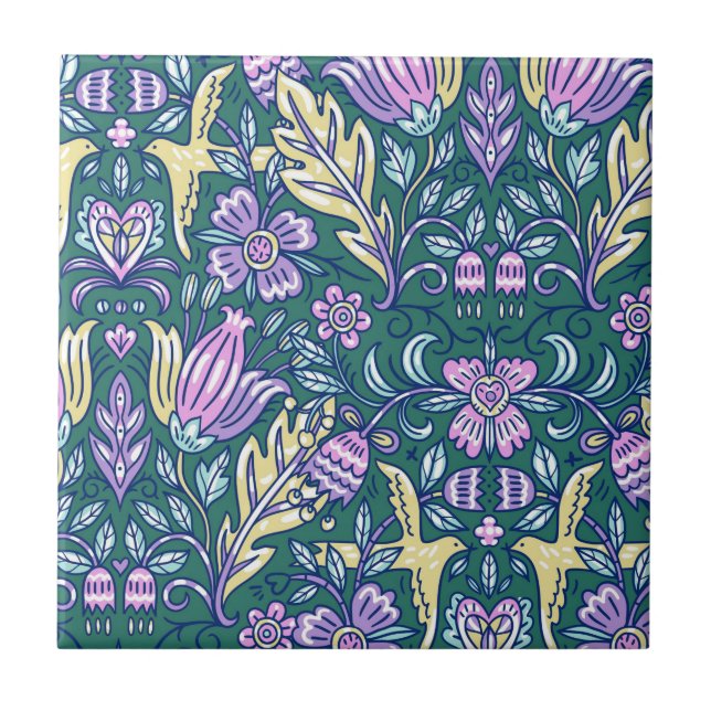 Carreau Motif Fleurs et Oiseaux de Style Antique (Devant)