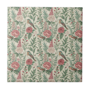 Carreau Motif floral anglais vintage oiseau et rose de jar